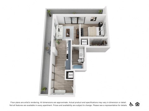 Floor plan for 1 bed, 1 bath, 597 sqft